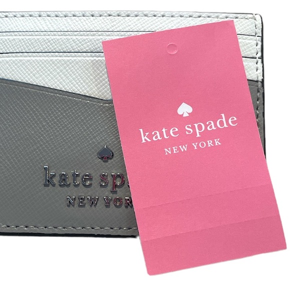 Kate Spade Staci Colorblock Saffiano Leather Card Case Wallet Gray White - Picture 4 of 6